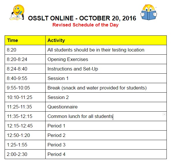 osslt schedule. contact school for other formats