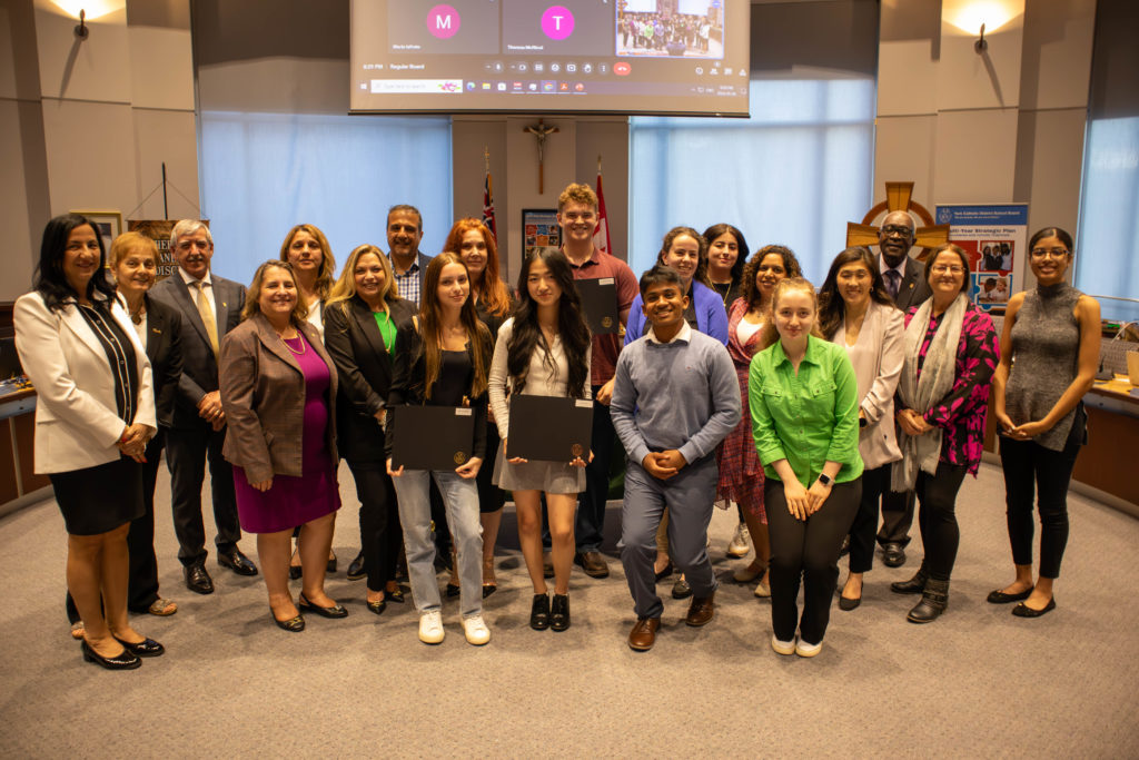 In the photo: The following students won medals at the 2024 Skills Ontario Competition: Carter Jeffries of St. Maximilian Kolbe CHS (silver); Vivian Lin and Sophia Ghoorchian of St. Robert CHS (gold); Sienna Quadrini of St. Jean de Brebeuf CHS (gold). Pictured in the YCDSB Boardroom with members of the Board of Trustees. 