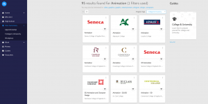 Screenshot showing search results for animation programs available at colleges and universities