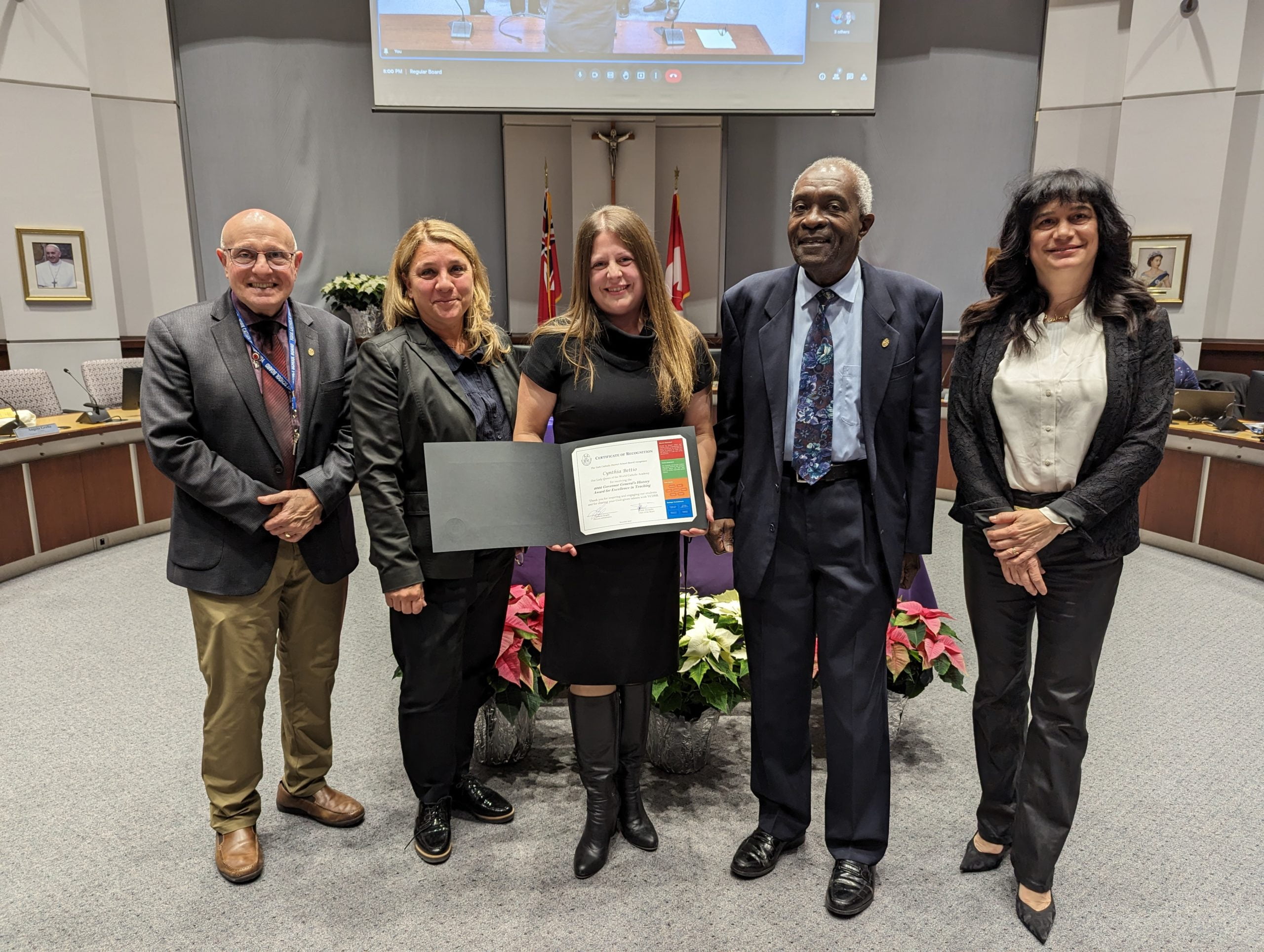 Cynthia Bettio is recognized at a YCDSB Trustee Meeting