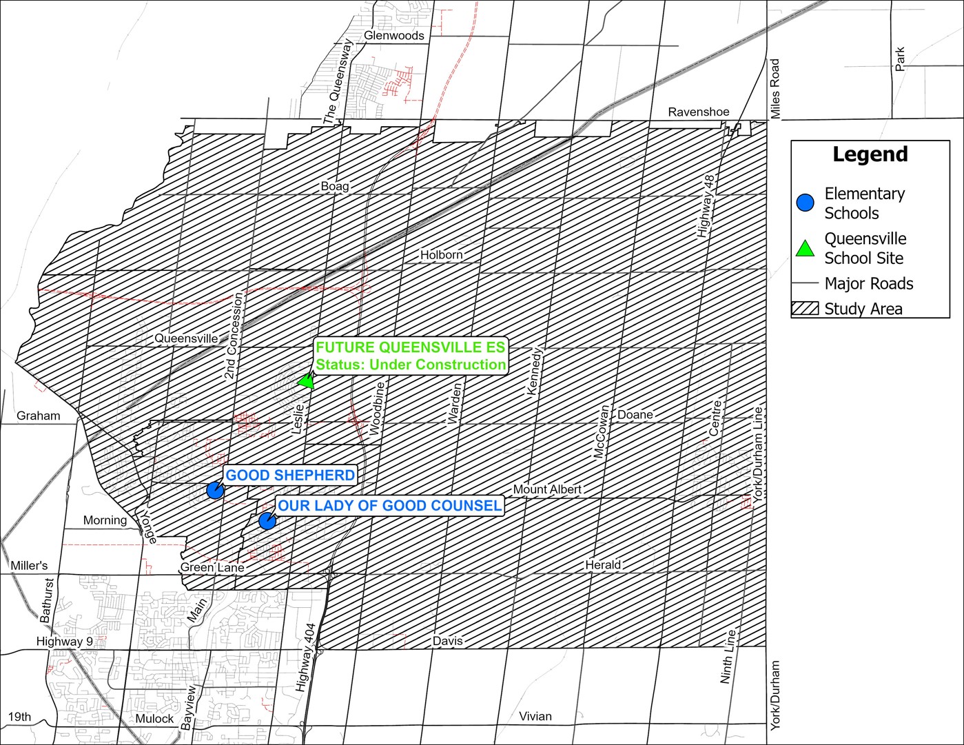 Boundary study area for the new Queensville Catholic Elementary School