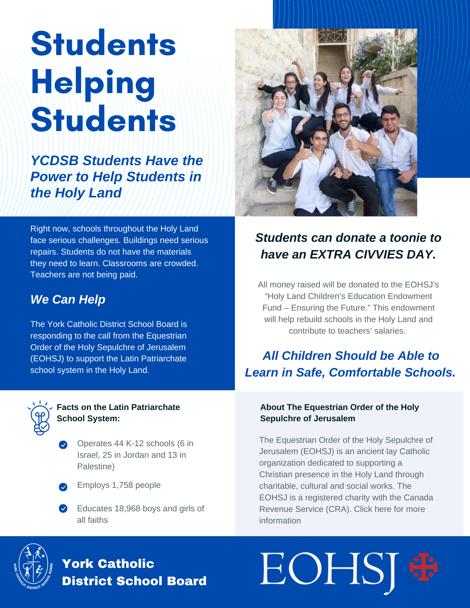 YCDSB Students Help Students in the Holy Land
