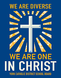 The York Catholic District School Board's new "We Are Diverse. We Are One in Christ" design, featuring a Cross with gold rays of light coming from it. There are the faces of diverse, happy people in the rays.