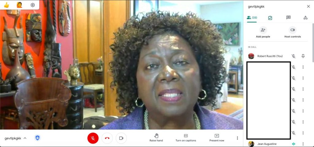 screenshot of the Google Meet showing Jean Augustine speaking